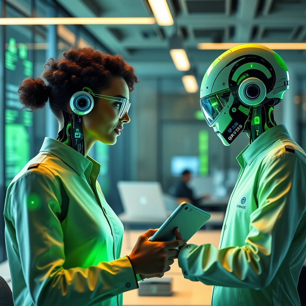 Design a photorealistic image that encapsulates the mission of UgenticIQ. The image should depict a futuristic office where human workers and AI clones collaborate seamlessly. Use vibrant colors like green and blue to suggest technology and growth, creating a balanced composition. The lighting should be bright and warm, representing a positive work environment. The camera angle should focus on a clear interaction between the humans and their AI counterparts, showcasing teamwork. Props may include holographic displays, tablets, and digital workflows. The style should reflect modern corporate aesthetics, ensuring high-resolution quality at 4K.