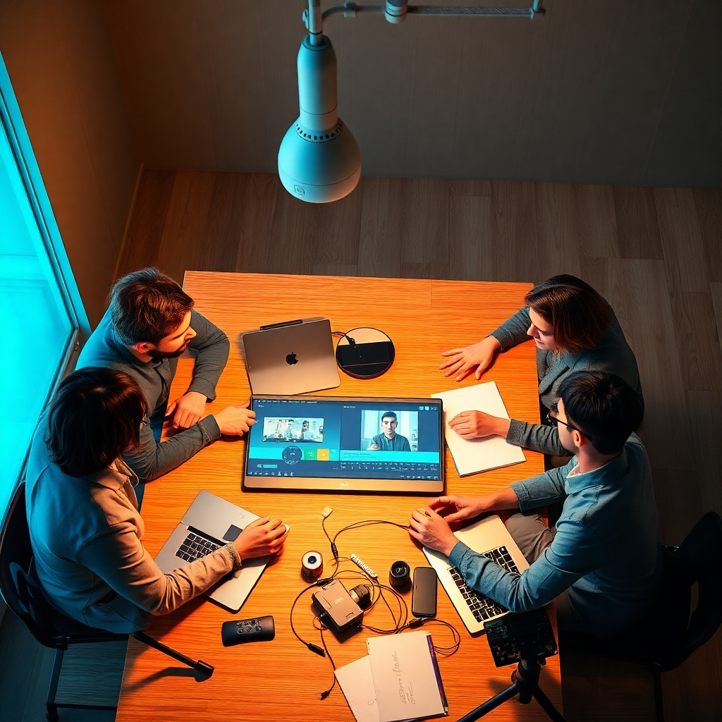 Design a photorealistic image capturing the essence of 'Easy Viral Video Creation'. The scene should feature a creative team brainstorming over modern devices with video editing tools visible. Utilize warm, motivating lighting to inspire creativity, with a color palette of blues and greens for a calming effect. The camera angle should be slight overhead to showcase diverse team members interacting. Textures should highlight the sleek designs of technology and props including laptops, a digital storyboard, and light equipment. The image must fit a high-quality 4K resolution.