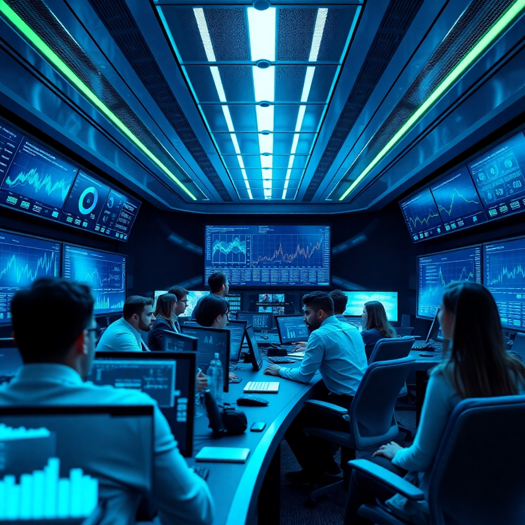 Design a photorealistic image that encapsulates our mission of being 'The secret weapon of 2025.' Center a sleek, futuristic control center filled with screens displaying real-time analytics and data flow. The ambiance should convey the power of advanced technology, bathed in ambient blue and green lighting that highlights the tools used for digital marketing. Position a diverse group of professionals engaged in analyzing data, showcasing collaboration and innovation. Capture this scene from an elevated angle, giving an overview of the control center's high-tech atmosphere, while ensuring details like reflections on the screens and the texture of modern office materials pop out. The final image should be in 4K resolution, high quality to effectively reflect our mission.