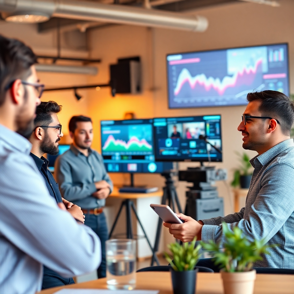 Design a photorealistic image that captures the essence of launching an AI video business. The scene should feature a group of entrepreneurs engaged in discussions with AI technology in the background. Soft, natural lighting highlights a vibrant workspace filled with video editing tools and digital screens displaying video analytics. The color palette consists of warm tones, positing an inviting atmosphere for creativity. The angle should give a sense of depth and participation, emphasizing teamwork and innovation. Style references could include vibrant startup environments. The image must be in 4K resolution and of high quality.