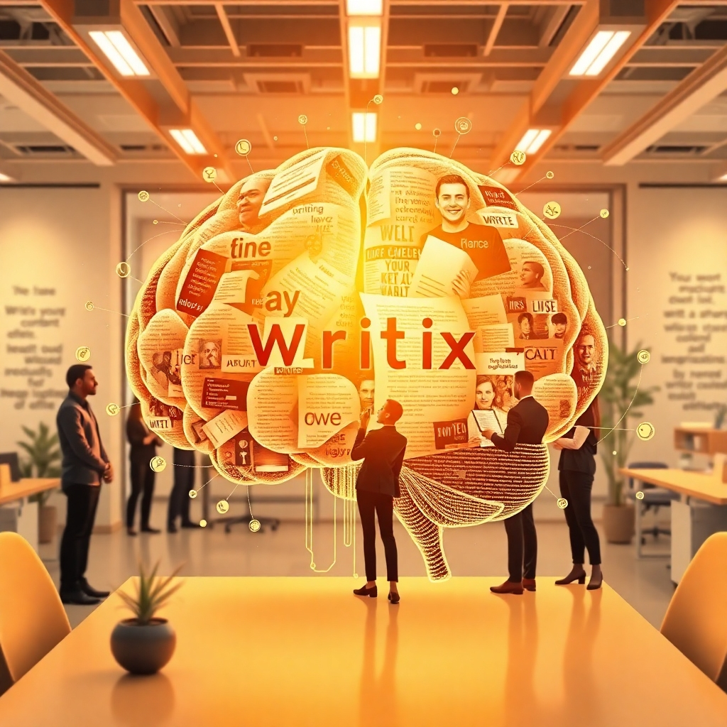 Design a photorealistic image that symbolizes the mission of Writix AI. The focus is on an AI brain composed of written content, with a diverse group of people engaging with it. Use warm lighting that evokes creativity, while highlighting the blend of technology and humanity. The background features a modern office with inspirational quotes on the walls. The color scheme should include soft golds and whites for an uplifting atmosphere. This should be captured in 4K resolution, high quality, to reflect the cutting-edge nature of our business.
