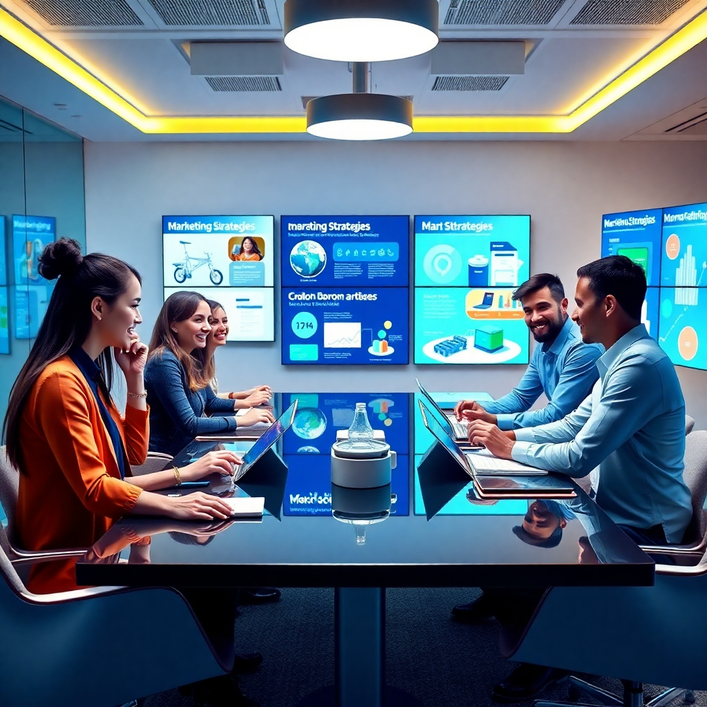 Design a photorealistic image that embodies the mission of 'Go Beaver AI Suite'. The scene should feature a collaborative team of diverse individuals brainstorming around a modern conference table, technologies displayed prominently in front of them. Bright, inspiring lighting highlights their engagement and enthusiasm, with a background showcasing digital posters of marketing strategies. The color palette should be lively yet professional, incorporating blues, greens, and gold accents. Add elements like smart devices and marketing materials to emphasize innovation and creativity. This image should be captured at eye level to create an inviting atmosphere, with high quality and 4K resolution to ensure vivid details.