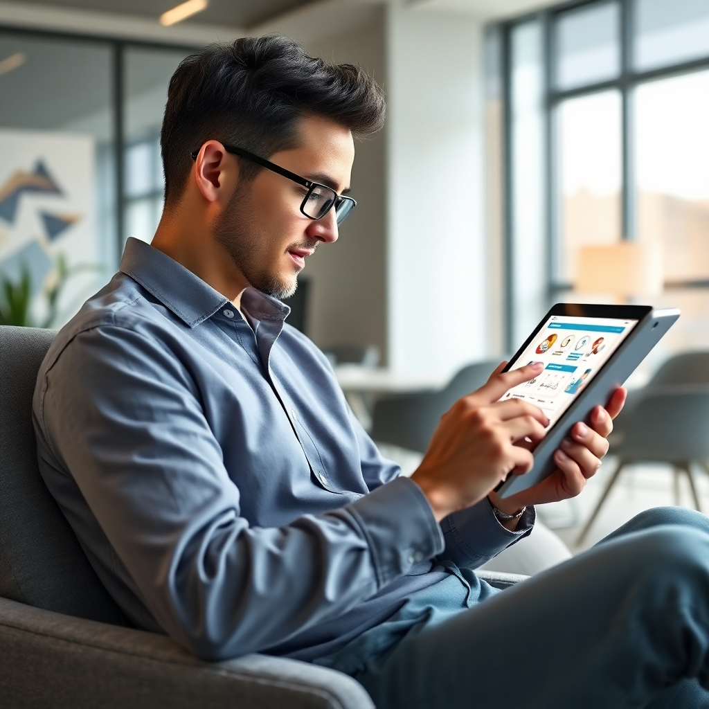 Design a photorealistic image illustrating a user effortlessly managing marketing tasks using Go Beaver AI Suite on a tablet. The user is appearing relaxed and productive against a modern, stylish office backdrop. Soft, directional lighting enhances the tranquil mood, while a harmonious color palette of soft greys and vibrant blues implies simplicity and clarity. Include features on the tablet screen showing illustrated marketing insights. Capture this moment from a slight angle that creates depth, ensuring vibrant details in 4K quality.