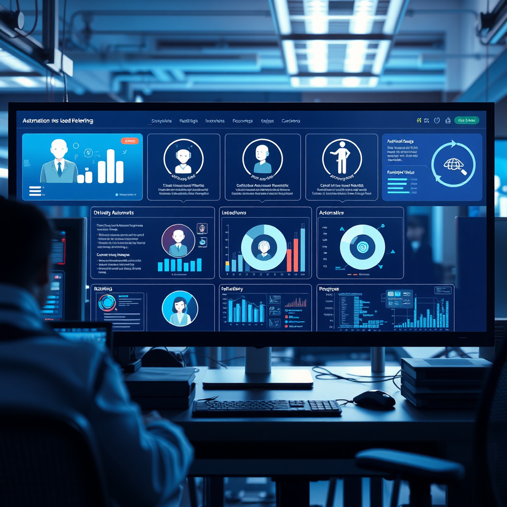 Design a photorealistic image illustrating automation in a modern workplace. Highlight a digital dashboard displaying various job roles with AI activities in action. Use dramatic lighting to emphasize the intensity of the workspace. A cool, technological color scheme with blues and silvers should dominate, illustrating the fusion of tech and productivity. Detail textures of screens and work surfaces for a hyperrealistic effect.