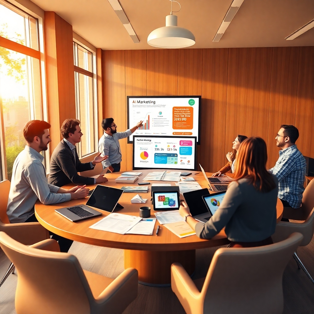 Design a photorealistic image of a marketing team brainstorming in a modern, bright meeting room. The central focus is on a large circular table filled with laptops, digital marketing materials, and tablets displaying vibrant infographics and social media statistics. There are large windows letting in warm, golden light, giving a cozy yet professional vibe. The diverse group of six professionals is animatedly discussing ideas, with one person standing and pointing enthusiastically at a projection screen showing AI-driven campaign results. The color palette features warm earth tones with splashes of color from the graphics. Capture this lively atmosphere in hyperrealistic style, ensuring every detail is sharp and engaging, with a resolution of 8K to convey the energy and creativity involved in AI marketing.