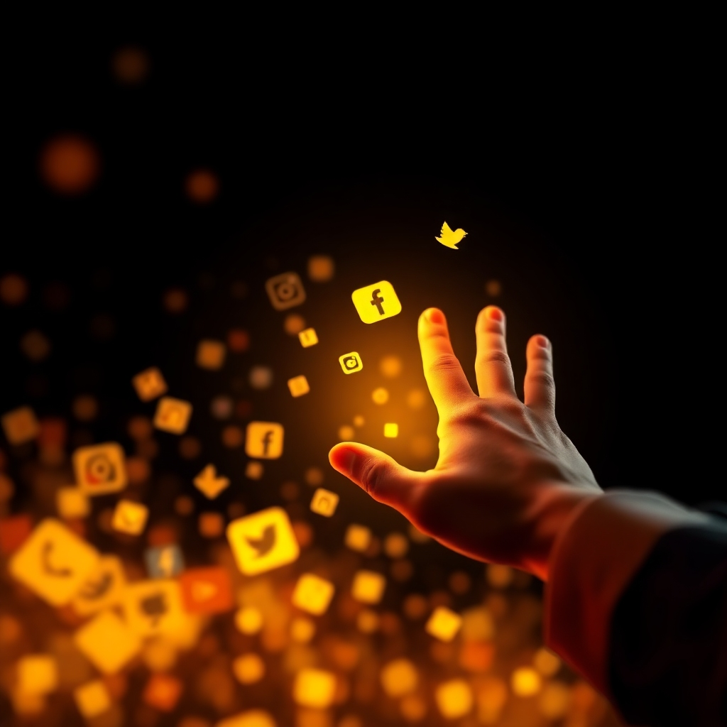 Design a photorealistic or stylized image that represents the mission of the SocialTale Platform. The image should feature a dynamic blend of creativity and technology; visually communicate the excitement of going viral on social media. Include abstract representations of social media icons cascading through a digital landscape. The lighting should create a sense of movement and energy, using a warm color palette of yellows and reds against a dark background to create contrast. A close-up focus on a hand interacting with a digital screen should convey engagement. Art styles reminiscent of modern digital art should be considered. Ensure a high-quality 4K resolution.