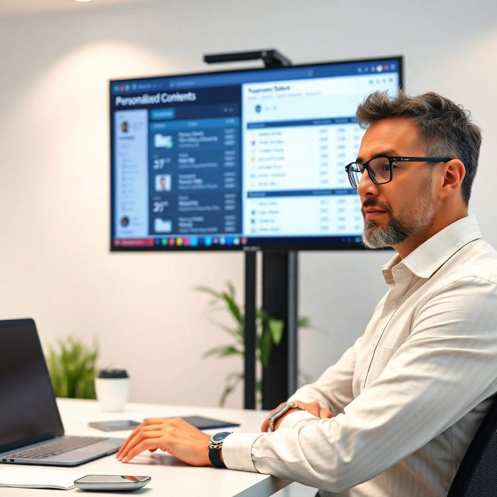 Design a photorealistic scenario where a marketing professional analyzes customer data on a large screen that displays personalized content recommendations. Bright, clear lighting enhances the focus on the screen while showcasing the professional’s expression of engagement and understanding. A clean, modern office setting with thoughtful textures and colors promoting professionalism should back the scene. Aim for depth and clarity in the image, highlighting the importance of personalization in marketing.