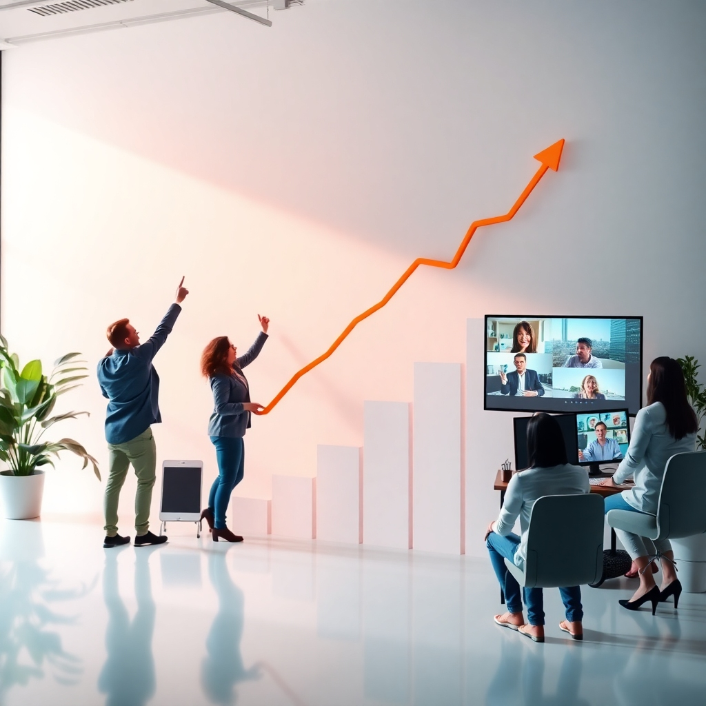 Design a professional scene depicting a growth chart alongside a business team celebrating milestones. Elements of success should be visualized through positive trends and innovative video projects displayed on monitors. The colors should evoke ambition and success, with soft lighting that invites a sense of partnerships and collaborative growth. This image should reinforce the theme of sustainable growth in the AI video sector.