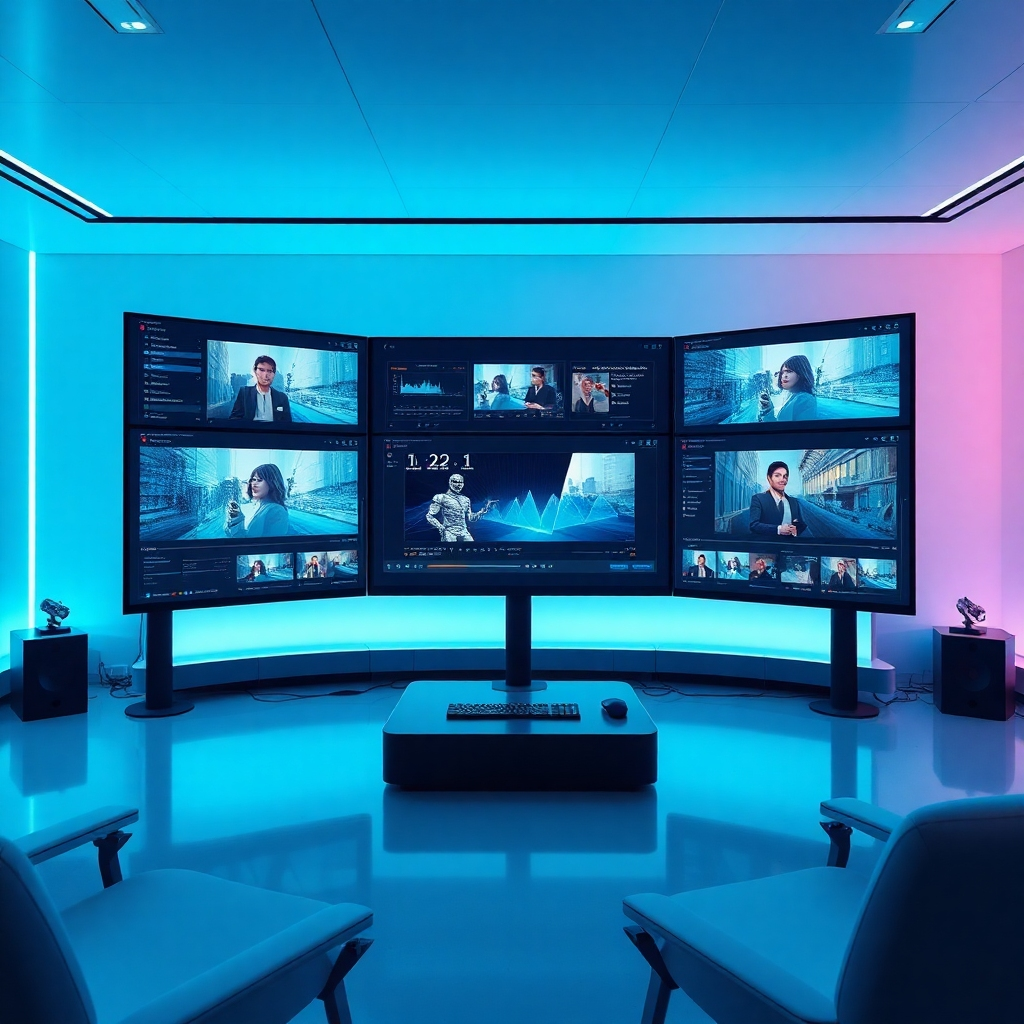 Design a sleek image of a futuristic video editing interface displayed on multiple screens, showcasing AI-powered editing tools and real-time collaboration features. The environment should be modern and minimalistic, lit with cool, blue tones that highlight the technology. Use a wide-angle perspective to encompass the high-tech feel, aiming for a polished, hyperrealistic look that fits within the context of the AI video evolution.