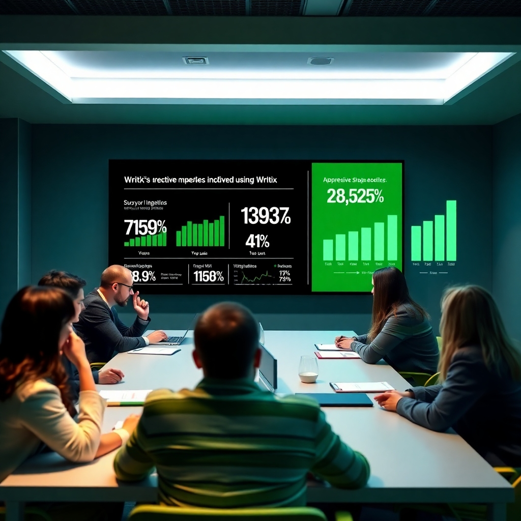 Design a striking image showing a business meeting with key metrics on a screen displaying impressive statistics achieved using Writix. The environment should be modern with people actively discussing. Use hard light to create focus on the presentations. The setting should have a professional palette with greens and blues for a corporate vibe.