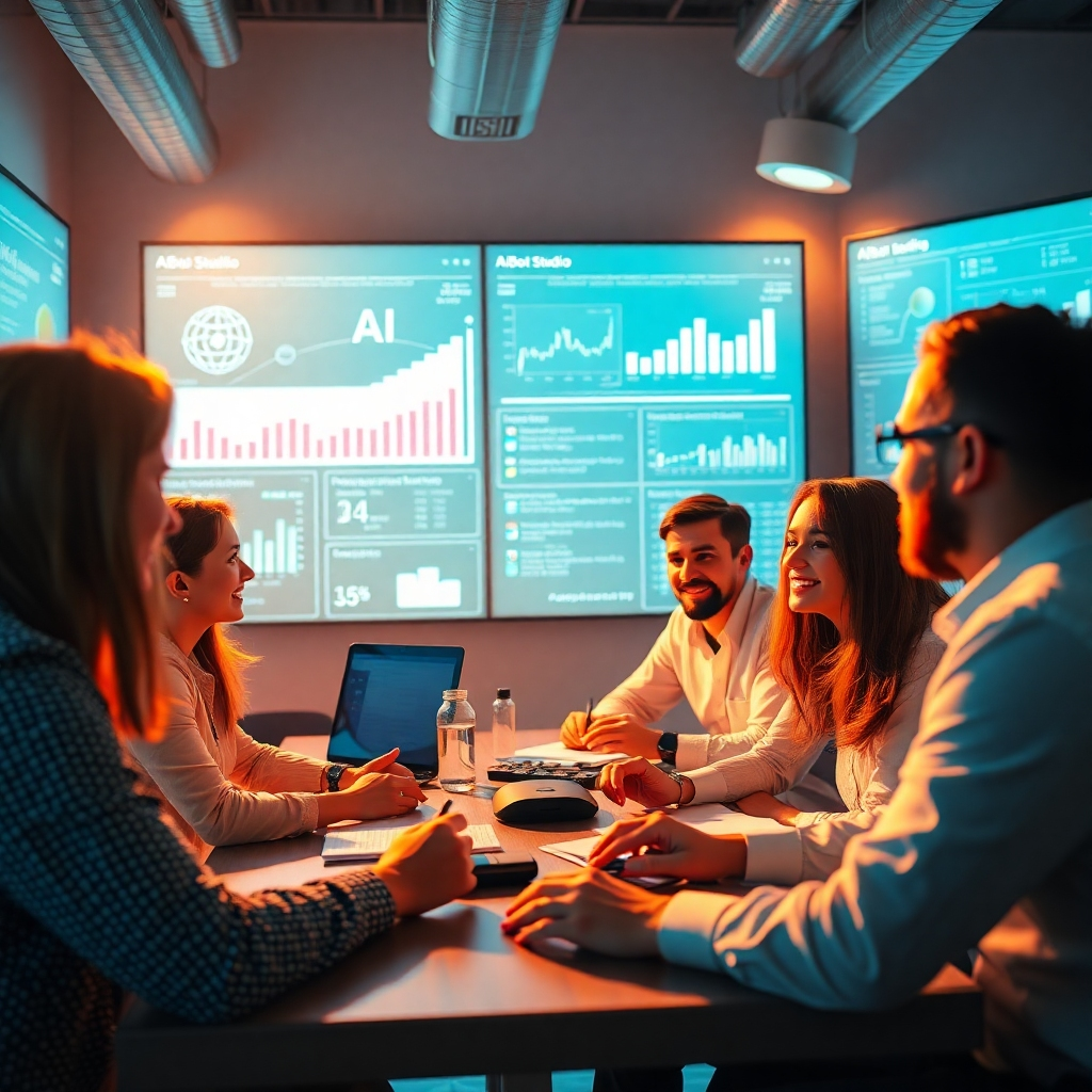 Design a stylized image that encapsulates the mission of AIBot Studio. The focus should be a dynamic group of professionals engaged in a brainstorming session, surrounded by digital screens displaying AI analytics. Use warm lighting to create an inspiring atmosphere. The color palette should feature modern tech hues like teal and silver. The camera angle should be slightly tilted to express energy and innovation. Include tangible elements like prototype gadgets and flowcharts on walls. Style references: energetic and modern. Technical specs: 4K resolution, high quality.