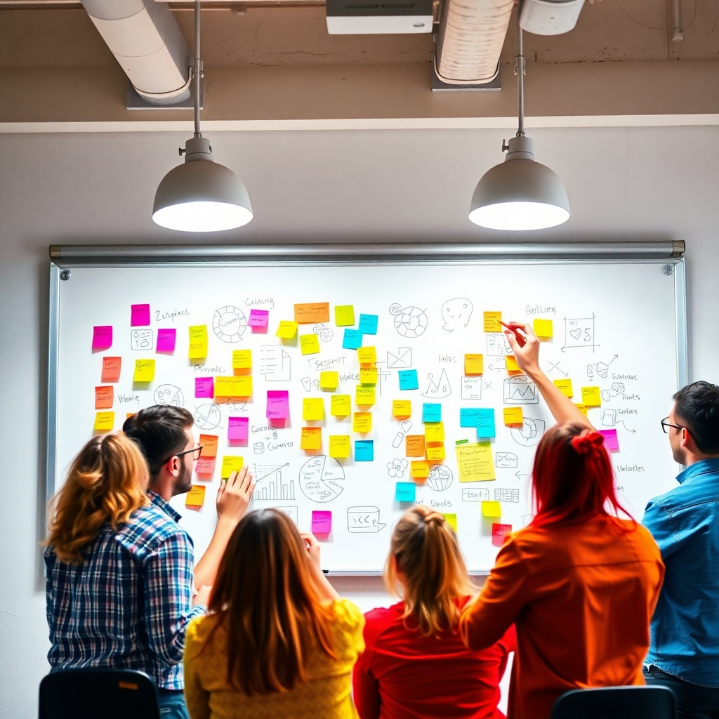 Design a vibrant and energetic image showing a creative brainstorming session. Marketers are gathered around a whiteboard filled with colorful sticky notes and sketches. Bright overhead lights enhance the lively atmosphere. Use a diverse color palette to convey excitement and enthusiasm. The image should capture the essence of collaboration and innovation facilitated by cutting-edge technology.