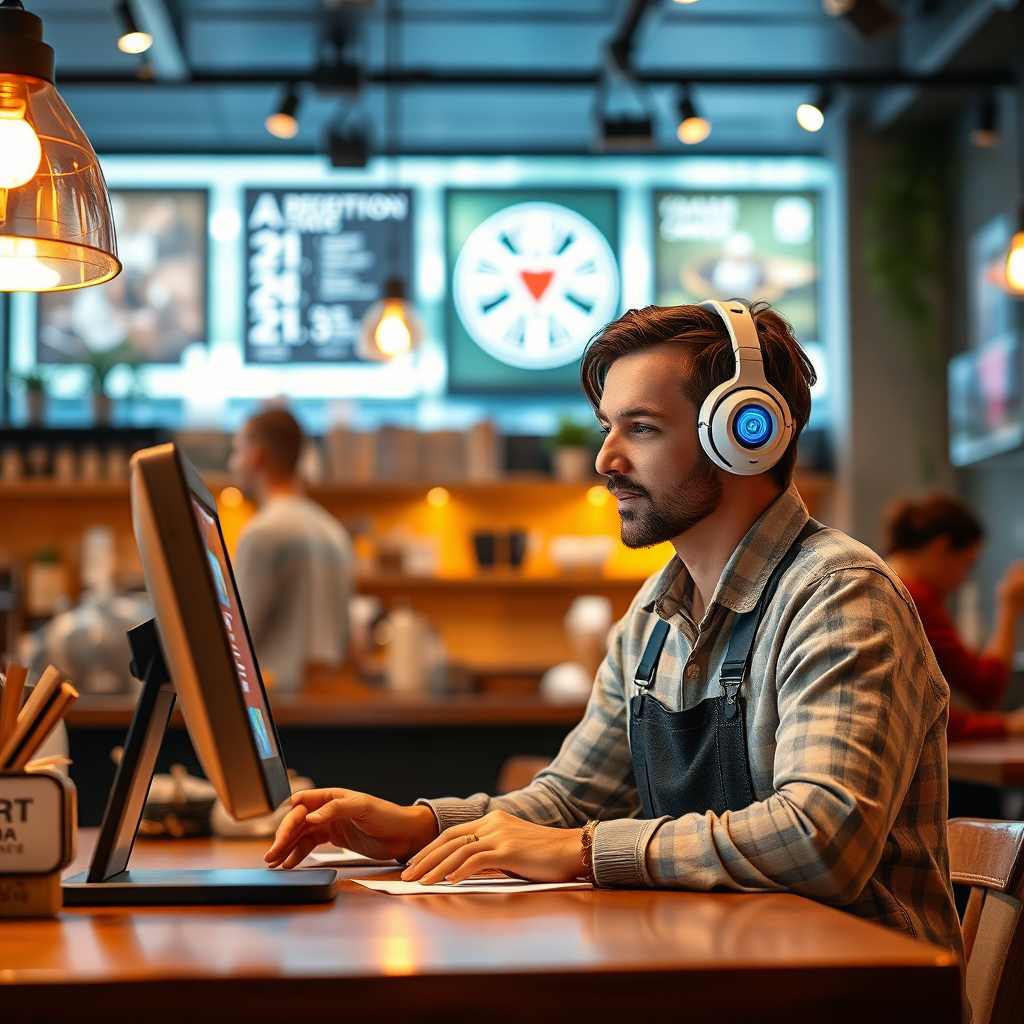 Design a vibrant image of a customer interacting with an AI chatbot in a local cafe. The composition should be lively, capturing the spirit of the cafe. The lighting is cozy and warm, creating an inviting atmosphere. Use a rich color palette that reflects creativity and comfort. The camera angle is slightly above eye-level to capture both the customer and the AI interface. Ensure a photorealistic style in high quality at 4K resolution.