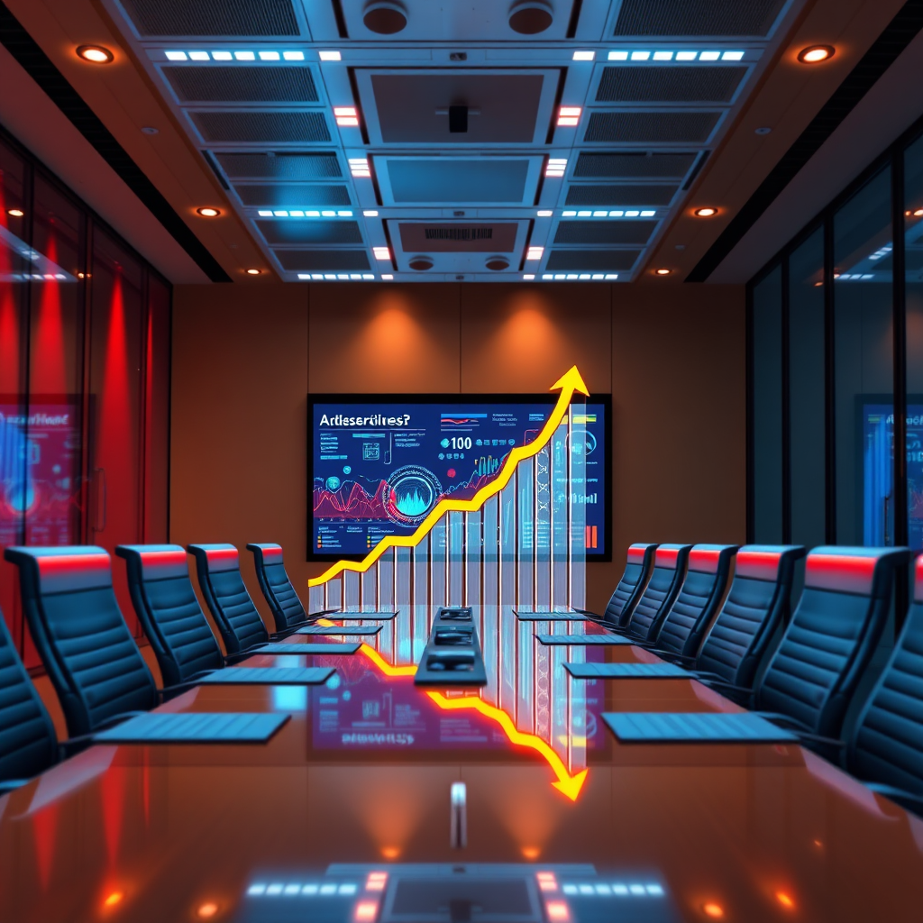 Design a vibrant image representing scalability in business operations. Showcase graphics displaying upward trends and success stories intertwined with AI visuals in a boardroom setting. Colorful, optimistic lighting should uplift the scene. Combine detailed textures of screens and materials to emphasize realism, resulting in a high-impact visual.