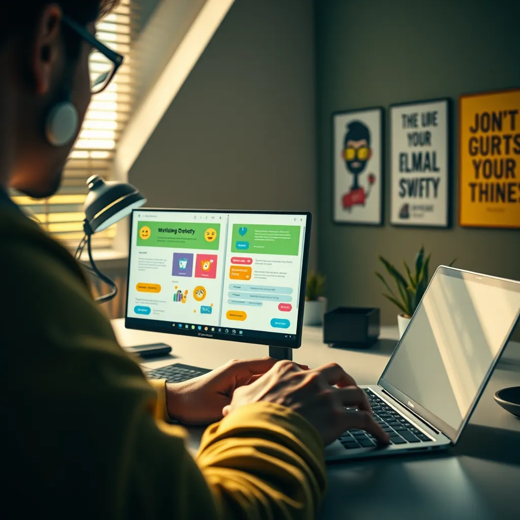 Design a visually striking image depicting a close-up view of an ultra-modern workspace with a person using the Email Expert AI app to create an email campaign. The screen displays a beautifully designed email layout with colorful, eye-catching elements like emojis, GIFs, and animated buttons. The workspace is bathed in dramatic side lighting, creating a focused atmosphere. The color palette consists of vibrant yellows and greens, evoking creativity and optimism. The camera perspective is over-the-shoulder, capturing the user's concentration while emphasizing the advanced technology of the app. Textures include a sleek desk surface and the crispness of the digital interface. Props like a stylish laptop, potted plants, and motivational posters in the background contribute to the scene. Reference styles from modern tech advertisement photography. The image should be in 8K resolution, hyperrealistic, and ultra-detailed.