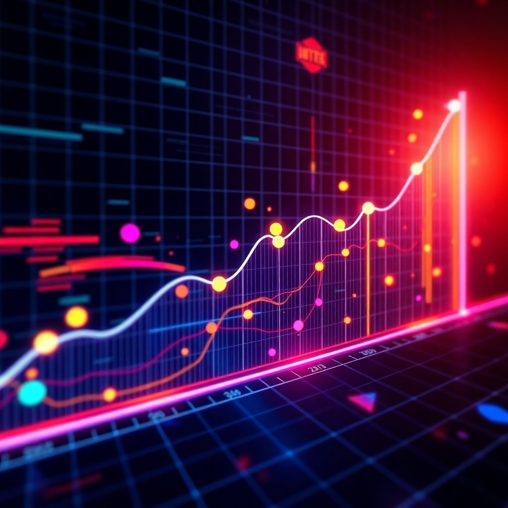 Design a visually stunning graph illustrating the exponential growth of traffic over days, depicted in an engaging way with animated lines and colorful markers. The background should be dark with a digital grid pattern, evoking a sense of movement and progress. Use bright colors to represent growth, making the visualization attractive and standout. The element of speed can be conveyed through visual effects like motion blur. This image should be striking, hyperrealistic, and executed in high quality.