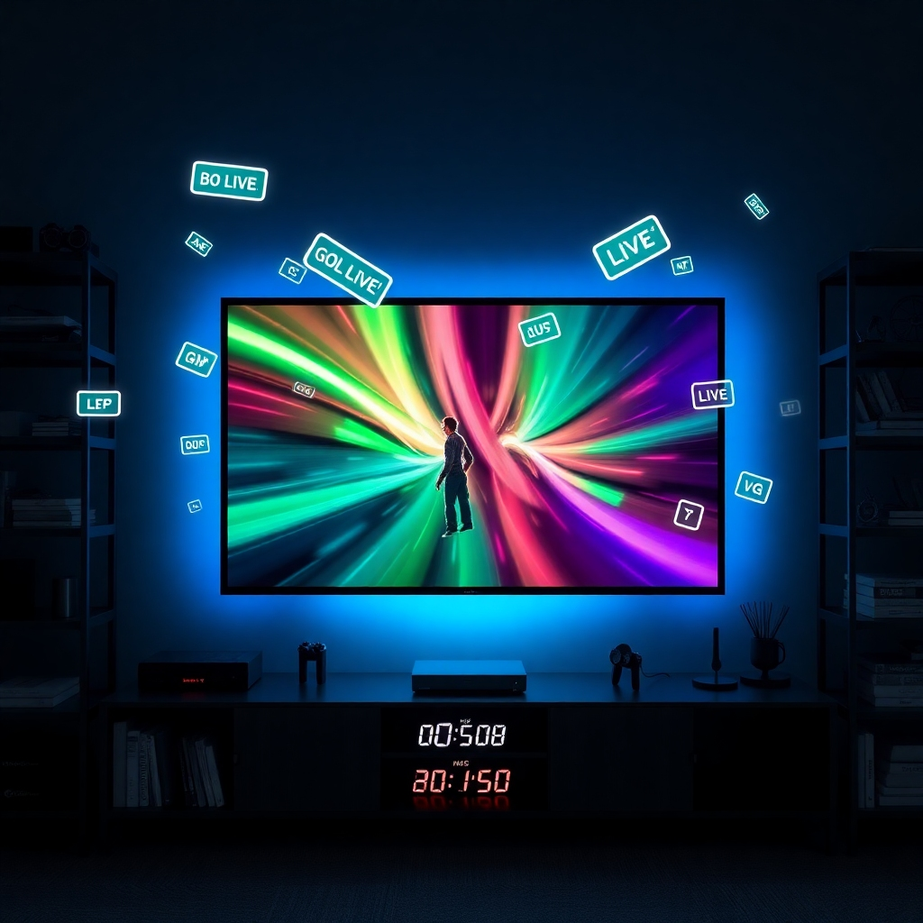 Design an eye-catching visualization that represents the concept of integrating affiliate links into a TV channel. The focus should be on a high-definition TV screen displaying engaging video content, with animated affiliate links appearing playfully around the screen. Use dramatic side lighting to give depth, with a moody color palette featuring rich blacks, vibrant greens, and electric blues. The image should be captured from a straight-on angle, creating a direct engagement with the viewer. Include environmental elements like shelves filled with tech gadgets and marketing books, and a digital clock showing 'GO LIVE!'. Style reference: ‘in the style of dynamic advertising graphics’. The image should be hyperrealistic, ultra-detailed, 8K resolution.