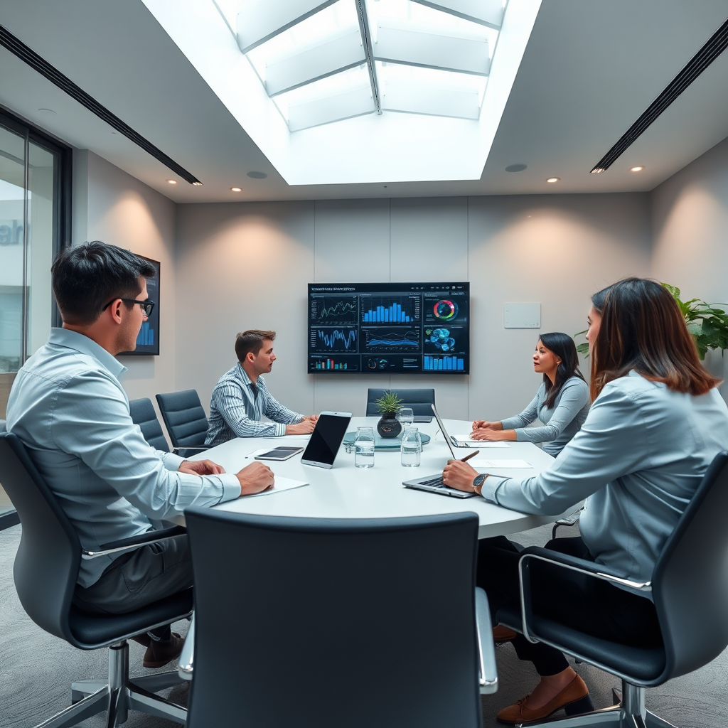 Design an image depicting a collaborative meeting where local business leaders review AI-driven analytics. The room should be modern and professional, well-lit with natural light. A color palette combining grays and blues conveys a sense of professionalism. The camera angle shows a collaborative space with data visualizations on screens. Ensure high-quality representation at 4K resolution.