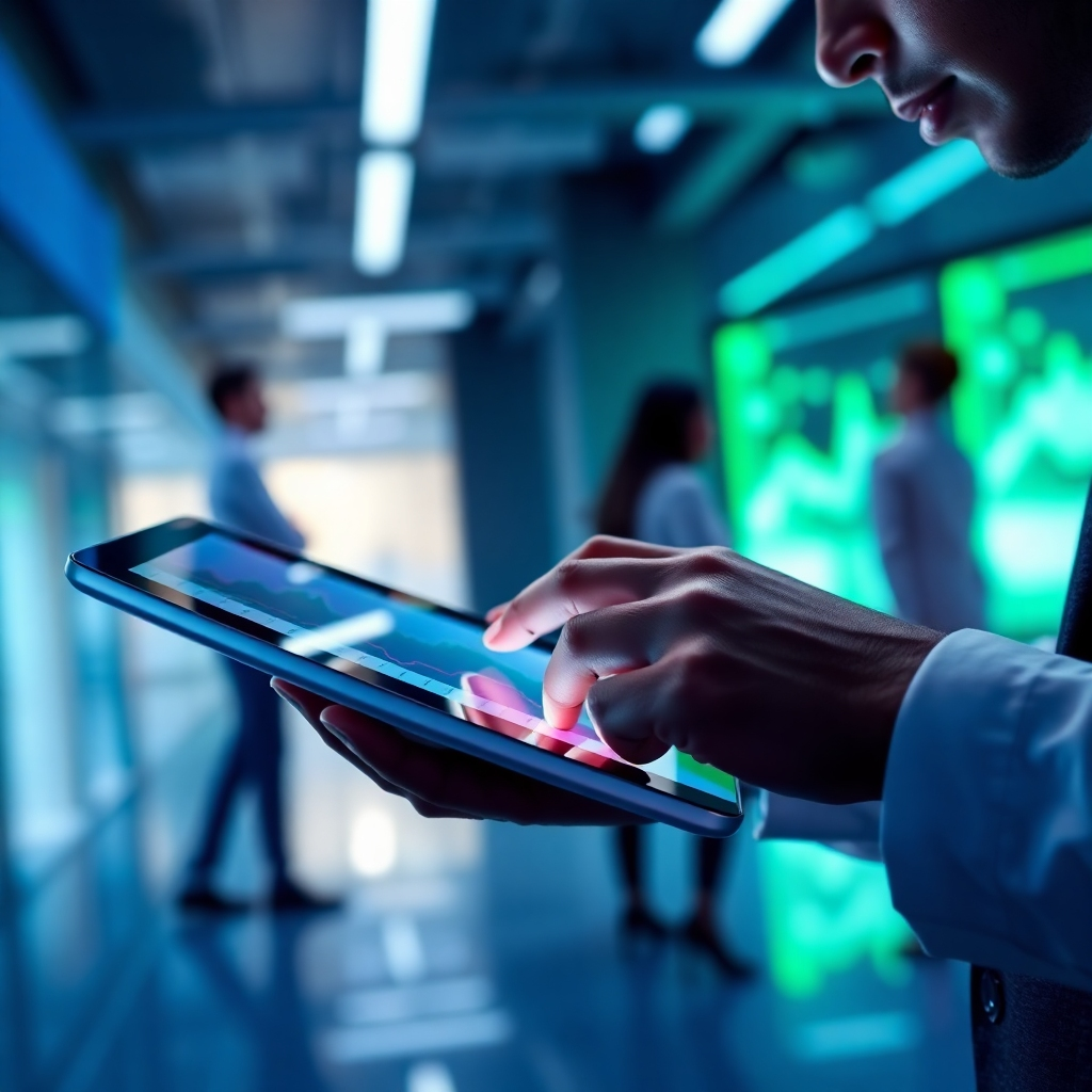 Design an image featuring a close-up of a person analyzing sales analytics on a sleek tablet. The background should display a futuristic, high-tech office environment. Use contrasting lighting; soft blue for the office and bright greens from the tablet screen to emphasize the cutting-edge technology. The texture should be smooth, with rich details in the reflections on the tablet screen. Show diversity in professionals to represent a broad audience.