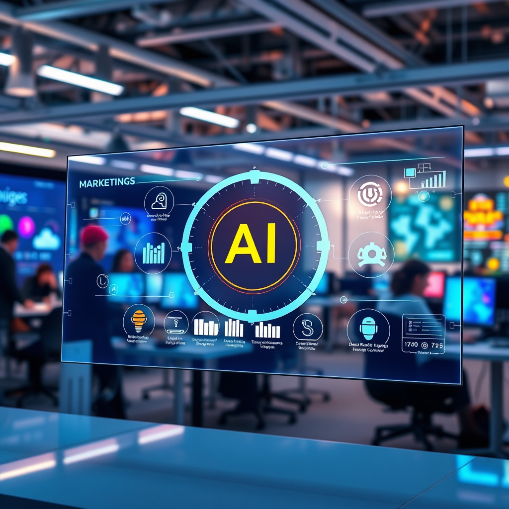 Design an image featuring a sleek interface showing AI-driven marketing solutions. The backdrop should include a digital workspace bustling with activity, hinting at teamwork and innovation. Incorporate vibrant colors to depict energy and advanced technology, ensuring the image has a modern aesthetic. Capture this in high definition to provide a clear view of service offerings.