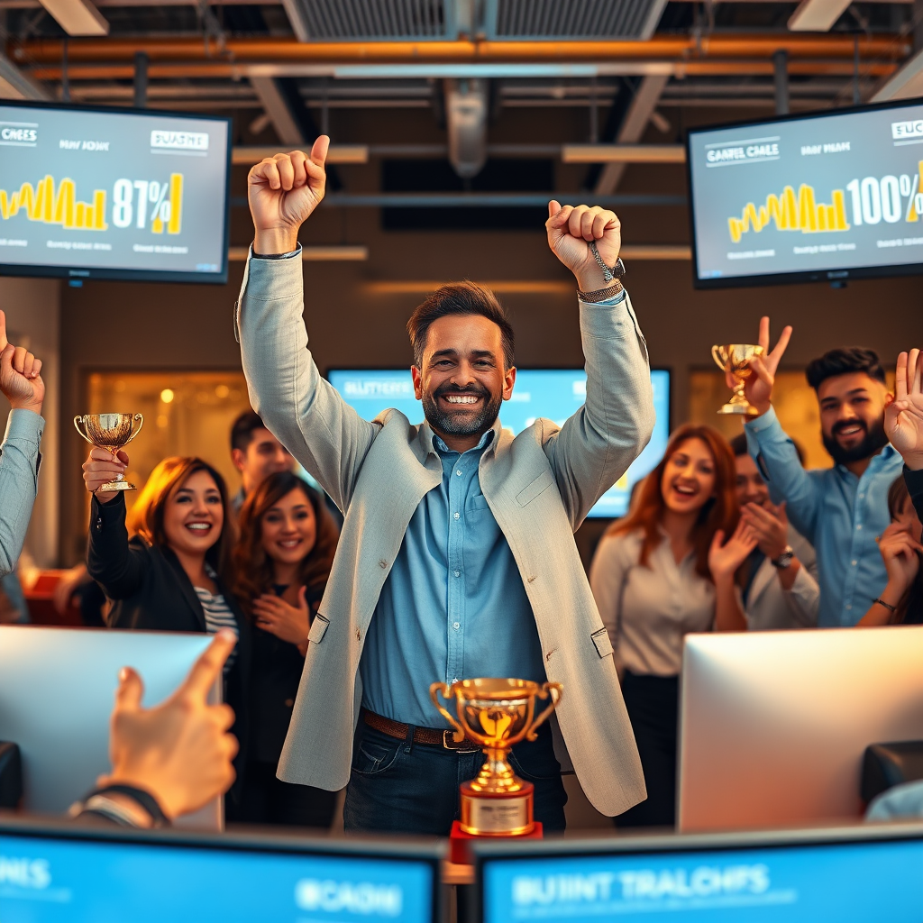 Design an image featuring a successful business owner celebrating achievements with colleagues, surrounded by digital trophies and success metrics displayed on screens. The setting should be a lively office space filled with positive energy. Use warm tones like golds and yellows for a celebratory mood. The camera angle should capture the team’s excitement, including the screens in the background to highlight their digital successes. Create a photorealistic experience that resonates with the theme of achievement.