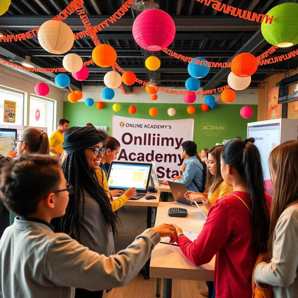 Design an image of a community event hosted by an online academy, where students are participating in fun learning activities. The setting should be upbeat, with decorations that reflect community spirit and excitement. Showcase diverse students interacting with interactive learning stations, emphasizing their enjoyment and engagement. Use a dynamic camera angle to convey enthusiasm and connection among participants. High-quality, 150-200 words.
