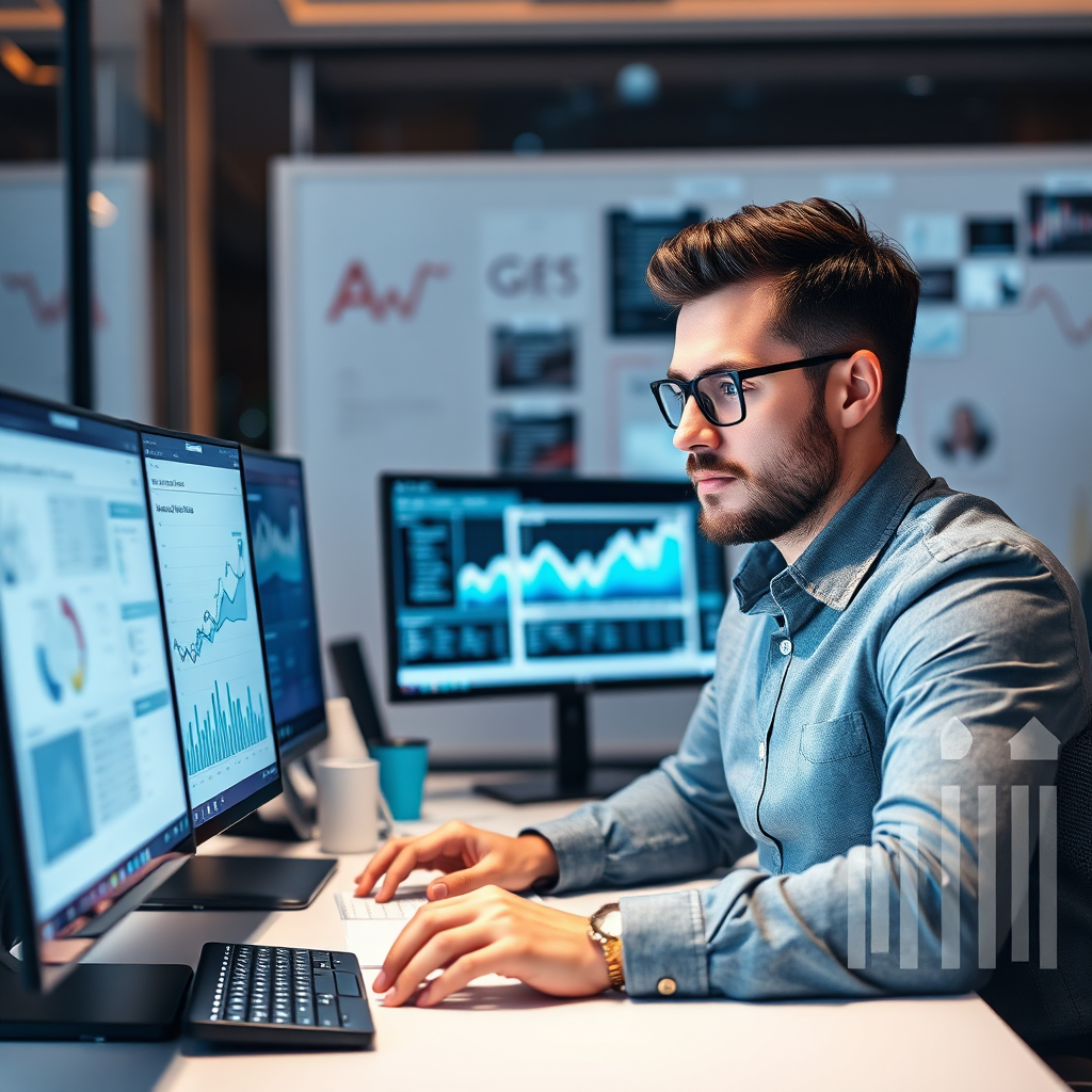 Design an image of a digital marketer analyzing marketing analytics on computer screens, with various automation tools visualized on the desk. The atmosphere should be high-energy and innovative, with cool technology colors like blues and whites. The image should capture the marketer’s focused expression while using cutting-edge software. Ensure photorealistic quality to engage business professionals.