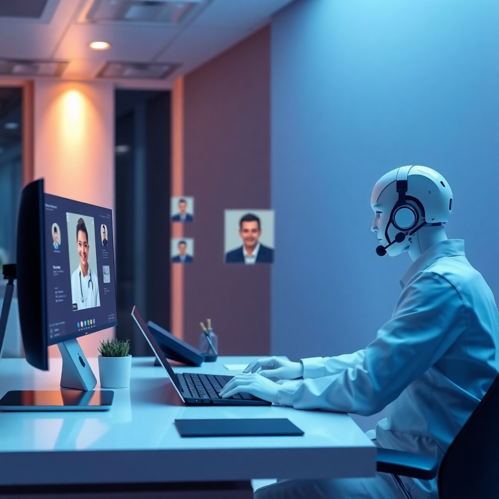 Design an image of a modern helpdesk where AI specialists provide assistance to clients via video calls. The setup should convey professionalism and reliability, with warm lighting and a harmonious color palette to reflect customer care and support.