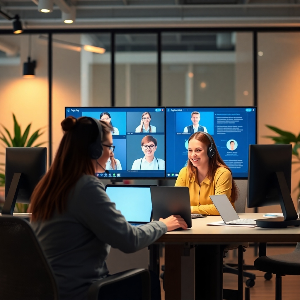 Design an image showcasing a support team resolving challenges faced by online learners. This could include virtual meetings and AI assistance depicted on their screens. Ensure the environment is professional yet approachable, with modern office elements and warm lighting. Focus on details of the technologies used to solve problems and the support team's collaborative efforts. High-quality, 150-200 words.