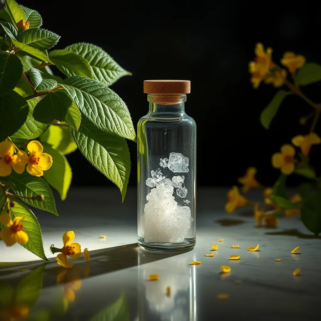 Design an image that embodies the essence of Sukre, the key ingredient in Gluco6. Place an artistic depiction of a Sukre plant, elegantly framed with leaves and blossoms in lush, deep greens and vibrant yellows. Utilize dramatic side lighting that highlights the plant's textures and natural beauty. Include a glass vial filled with crystalline Sukre, positioned on a smooth marble surface, surrounded by delicate scatterings of glucose-inspired illustrations. Select a moody color palette composed of earthy browns and greens, creating a sense of nature and vitality. The perspective should be a close-up shot capturing intricate details, ensuring an ultra-detailed, 8K resolution representation.