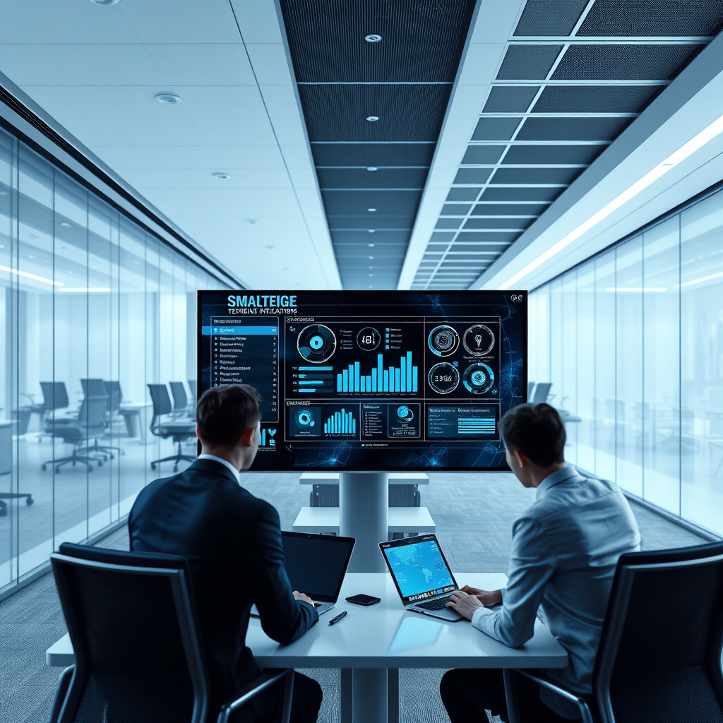 Design an image that represents seamless integration of business operations, featuring a digital interface on a screen surrounded by professionals discussing strategies. Use a futuristic office environment with clean lines and minimalistic design elements. The lighting should be cool and professional, creating a high-tech ambiance. The color palette can include greys and blues, symbolizing technology and efficiency. Capture a wide-angle view to highlight the integration of various digital tools. The visual should be photorealistic and immersive.