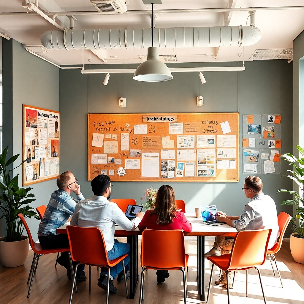 Design an image that showcases brainstorming for marketing strategies in a creative space. The focus should be on boards filled with ideas and visuals mapping out campaigns. The color scheme should be rich and inviting, suggesting collaboration and enthusiasm. Use natural lighting to enhance creative sparks, ensuring the environment boosts strategic thinking.