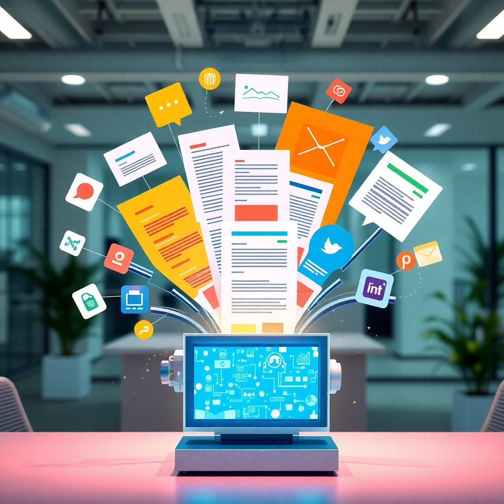 Design an image that shows various content pieces like articles, blog posts, and social media posts emerging from a high-tech machine. Use bright, engaging colors to indicate vitality and creativity, under a modern office setting with soft lighting, ideally portraying the ease of content creation.