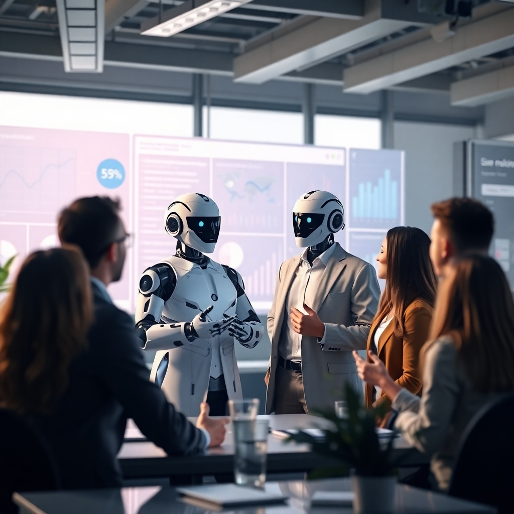 Design an image where a confident business leader is presenting chatbot results to an enthusiastic team. The background should feature dynamic data visualizations and futuristic graphs. Soft lighting combined with a modern office layout can create an inspiring environment. This captivating photorealistic image should inspire motivation and forward-thinking.