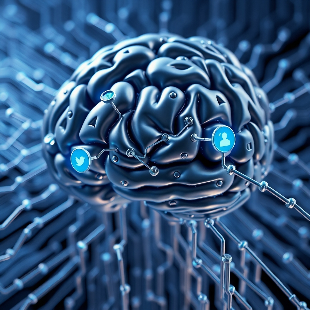 Design an intricate image showcasing a brain-like circuit board, symbolizing the AI's advanced capabilities, with digital links reaching out to various content pieces like articles, videos, and social media posts. Use cool blues and silvers to suggest technology and sophistication. The camera angle should provide a 3D effect, emphasizing depth with shadows and highlights. Ensure intricate details with a hyperrealistic finish, suitable for high-quality displays.