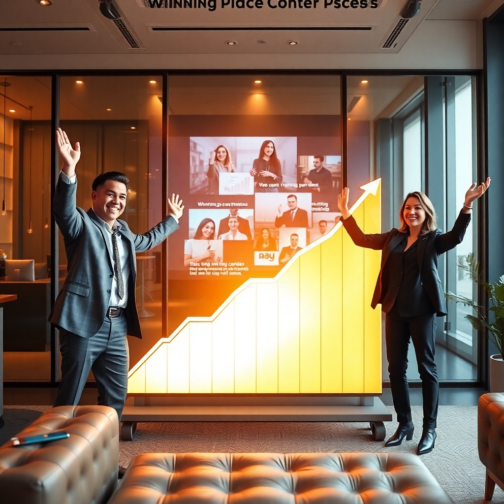 Develop a stylized image illustrating the positive impact of using Grok Blaster's AI on business results. A graph showing upward trends or success alongside visuals of happy business executives celebrating near digital displays of winning content pieces should dominate the scene. The lighting here should have a celebratory feel, with golden accents, and the composition should be motivational. Include textures of modern furnishings to amplify a professional atmosphere. Capture the spirit of success in high resolution.