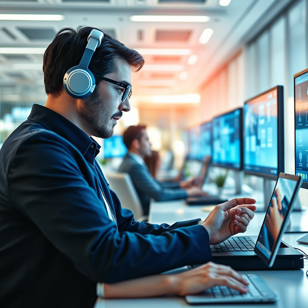 Develop a vivid image depicting the concept of AI job cloning in a corporate environment. Showcase individuals interacting with advanced technology, cloning tasks seamlessly. The workspace should be bright and modern, filled with engaging visuals on screens. Use a color palette of blues and silvers to emphasize technology. Ensure clarity and detail to achieve a high-quality representation.