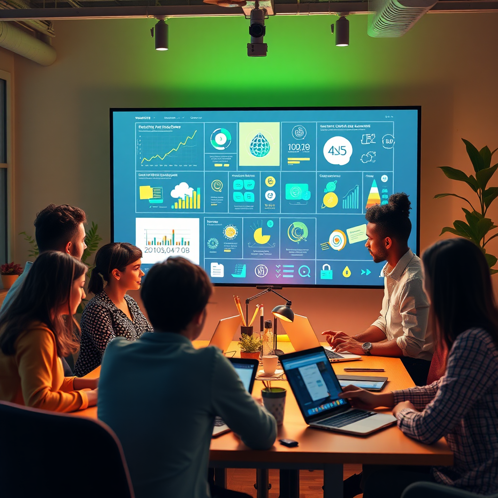 Develop an engaging, photorealistic image capturing the essence of 'UgenticIQ Software-The Ultimate Business-7 Jobs You Can Immediately Clone With AI'. Showcase a diverse team collaborating around a large screen filled with AI tool visuals, in a vibrant workspace. Use warm lighting to create a welcoming environment. The color palette should balance greens and yellows, representing creativity and growth. Incorporate elements like laptops, digital devices, and brainstorming tools to depict innovation. Maintain a 4K resolution to ensure clarity and impact.