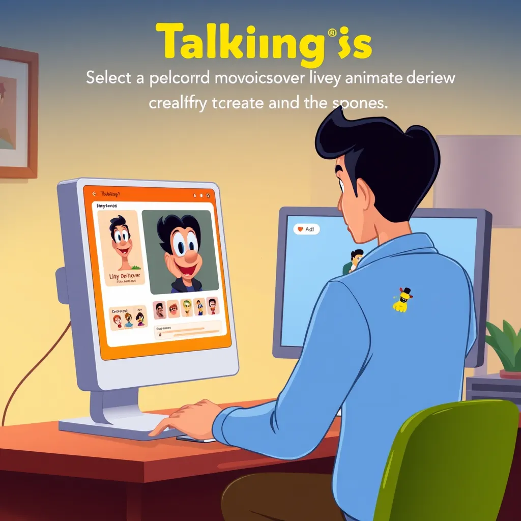 An image of a person sitting at a computer, their screen displaying Talking Photos AI in action. The scene shows the user selecting a photo and recording a voiceover, with a lively animated preview visible on the screen, illustrating the simplicity of creating animated memories.