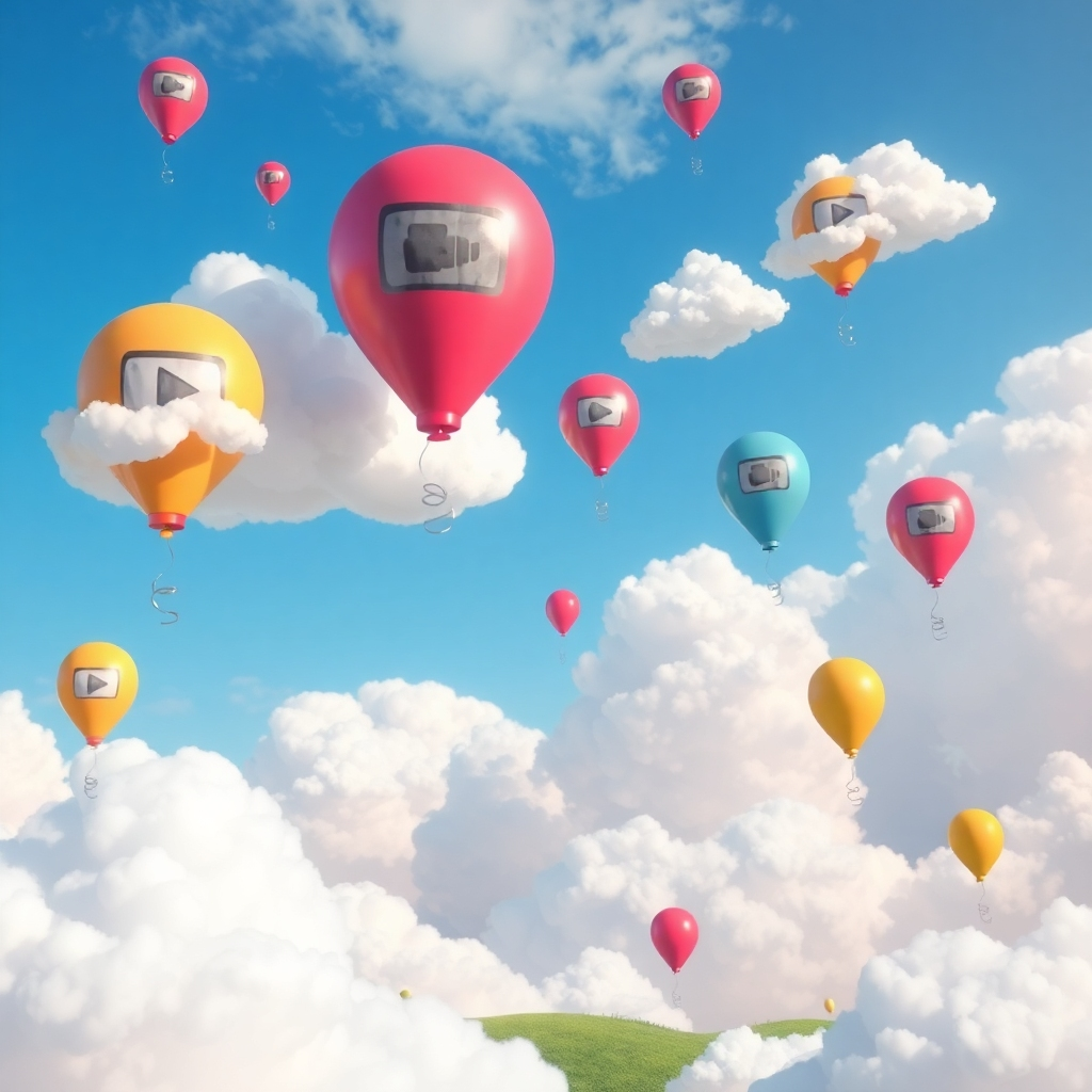 Display a whimsical landscape where ideas float in the air like balloons, waiting to be captured and transformed. The scene should be colorful and dreamlike, with clouds shaped like various video formats, hinting at the possibilities. This stylized image invokes a sense of wonder and creativity.