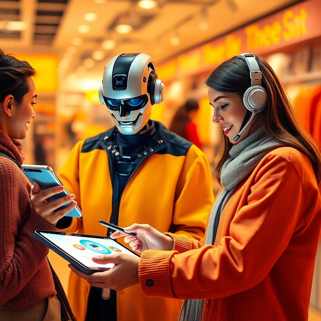 Draw a fanatically engaging, photorealistic image that shows customers interacting with AI chatbots on multiple devices. The background should include a vibrant retail environment or online shopping platform. Warm lighting should create a welcoming ambiance, with a palette of oranges and yellows symbolizing friendliness. Textures should be rich and varied to enhance realism. This image should encapsulate engagement and excitement in customer service.