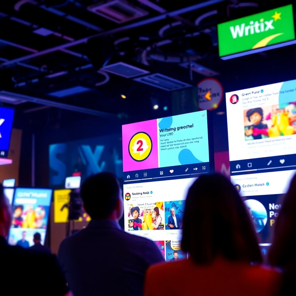 Envision a bustling social media feed with engaging posts generated by Writix. The screen showcases vibrant graphics and notifications. The scene should have actions occurring, symbolizing audience interaction, with motion elements to enhance dynamism. Use a bright and attractive color scheme to catch attention.