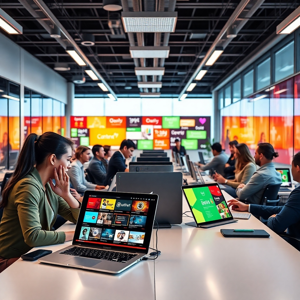 Envision a sleek, modern office environment filled with professionals using cutting-edge technology to create content. Include elements like laptops with colorful screens displaying diverse content in different languages. Use bright lighting to create a motivational atmosphere, with a focus on collaboration and innovation. Ensure the image is vivid, high-quality, and motivating.