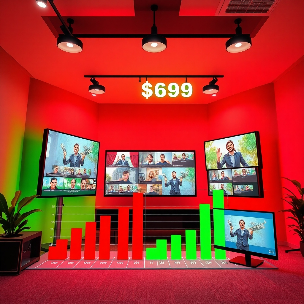 Envision an environment showcasing multiple income streams from AI video businesses. Illustrate income graphs alongside vibrant screens showing various video formats and monetization strategies. The colors should combine energetic reds and greens to highlight success and opportunity. Use overhead lighting to create a professional yet inviting atmosphere, and ensure the scene conveys a sense of achievement and potential.