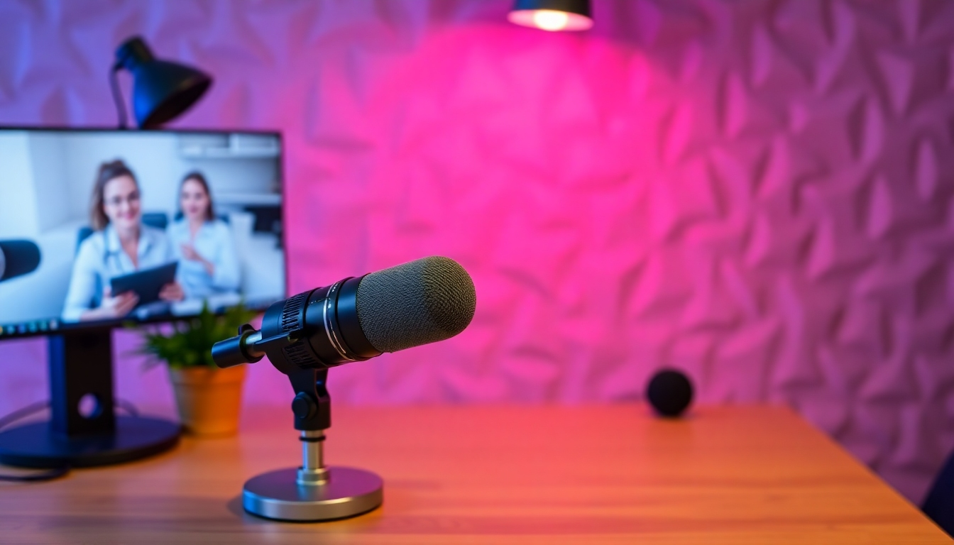 An invigorating visual of a creative individual using AI tools to transform audio podcasts into engaging videos. The setting is filled with colorful lights, casting a stimulating glow over the scene. A focus on dynamic elements—like screens filled with eye-catching animations and visual effects—creates a sense of enthusiasm. The color scheme is bold, featuring contrasting colors that echo the idea of transformation from audio to video. The texture details capture the modern tech environment, with a clean and professional look.