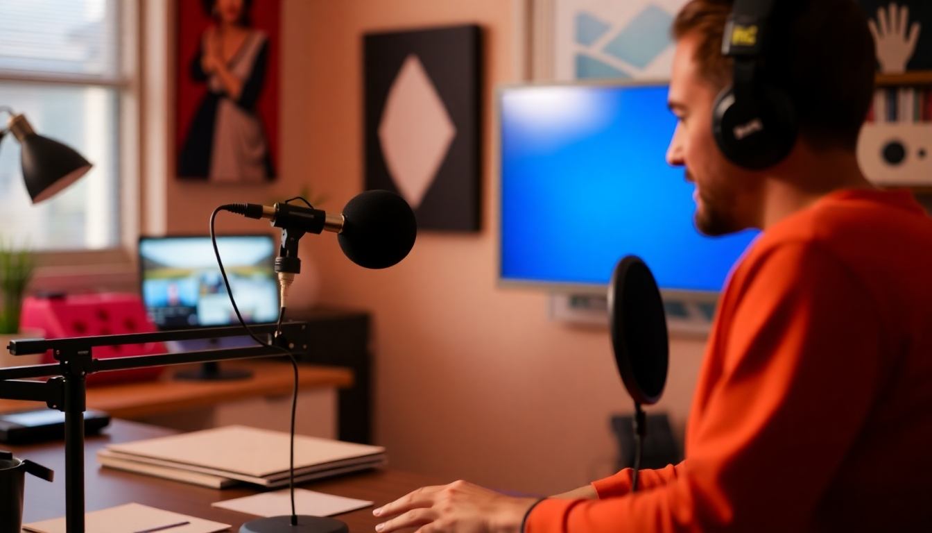 A stylized representation of a diverse group of listeners engaged in a vibrant viewing experience of transformed podcast visuals. The setting is a cozy viewing area filled with comfortable seating and soft lighting to encourage interaction. The color palette is warm and inviting, with splashes of color that reflect the diversity of the audience. The camera angle showcases expressive reactions and engagement, highlighting the lively atmosphere. Textures feature stylish furnishings, creating a relaxed yet immersive environment that enhances audience experience.