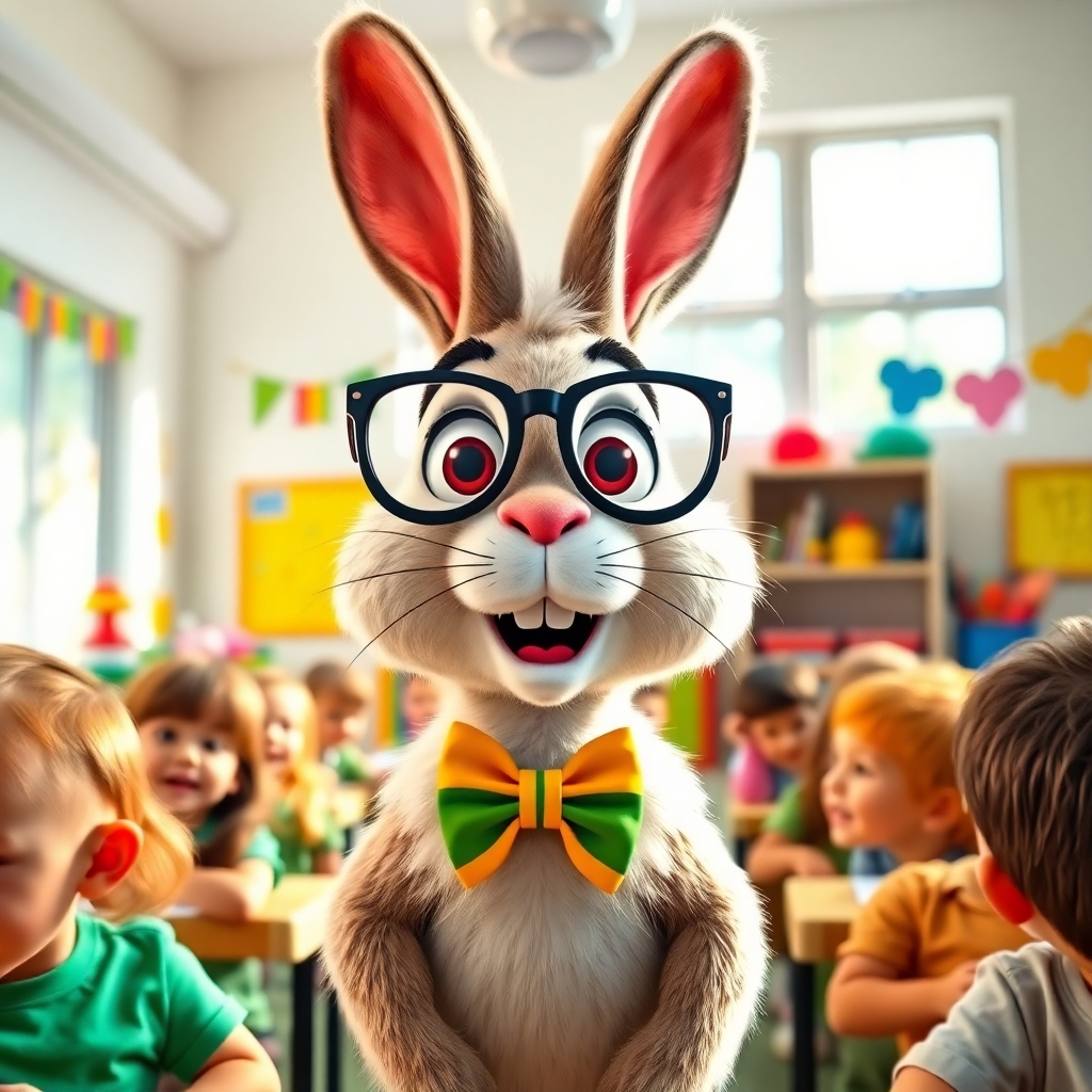 Generate a captivating image of a talking cartoon animal in a bright classroom setting, speaking enthusiastically to an audience of children. The animal, a playful rabbit with oversized glasses and a colorful bow tie, has mouth movements and bright, animated eyes that reflect excitement. The classroom is filled with colorful decorations, all under soft, natural daylight coming from large windows. Use a cheerful color palette dominated by yellows, greens, and blue hues to create an engaging mood. The camera should be positioned at eye level to foster a sense of connection with the viewers. Textures should include smooth fur for the rabbit and vibrant materials for the classroom props. Ensure an ultra-detailed presentation in 8K resolution, conveying a sense of lively interaction and storytelling.