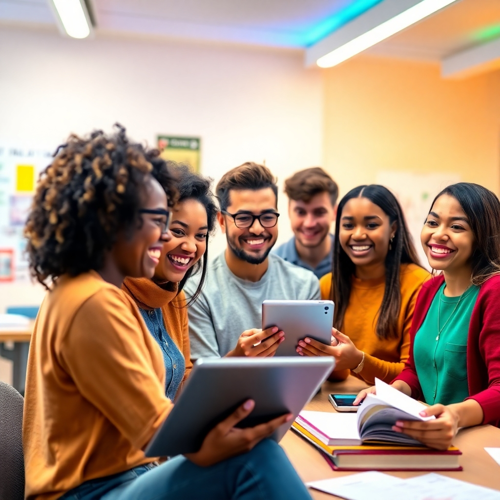 Generate a photorealistic image that embodies the spirit of Course Mate AI, showcasing a diverse group of enthusiastic individuals engaged in an interactive online learning environment. The setting should be bright and inviting, with a collaborative workspace filled with colorful materials like whiteboards and digital devices. Use a warm color palette with soft blue and green accent lighting to inspire creativity. The camera angle should capture the energy of teamwork, emphasizing facial expressions of eagerness and focus. Include relatable props such as tablets, textbooks, and educational posters. Technical specs: 4K resolution, high quality.