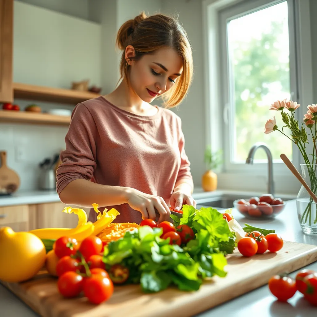 Generate a photorealistic image representing cravings reduction service. The subject is a serene kitchen setting with a young woman preparing a colorful, healthy meal composed of fresh vegetables, fruits, and lean proteins. Soft natural lighting streams through a window, illuminating the culinary scene. The color palette includes vibrant reds, greens, and yellows contrasted against the warm wooden tones of the kitchen. The camera angle is an eye-level perspective, capturing the intricate details of the ingredients and the woman's focused expression as she skillfully chops vegetables. Texture and material details include the crisp texture of lettuce, the smooth surface of cherry tomatoes, and the grain of the wooden cutting board. Environmental elements feature a clean, organized countertop, a vase of fresh flowers, and kitchen utensils. The style should resemble modern food photography, akin to the works of Donna Hay. Technical specifications: 8K resolution, hyperrealistic, ultra-detailed.