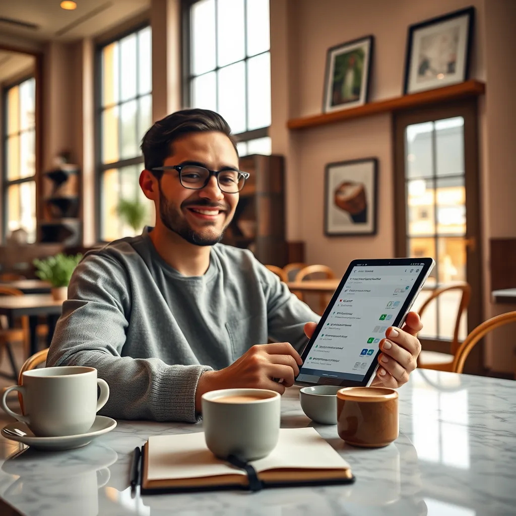 Generate a photorealistic image illustrating a user interacting with the Email Expert AI app on a digital tablet in a cozy, stylish café environment. The person is smiling, reflecting ease and satisfaction while managing their growing email list displayed on the screen. Natural light pours in through large windows, enhancing the warm color palette of earthy tones and pastel accents, creating a welcoming mood. The camera angle is slightly low, showcasing both the person and their vibrant surroundings, including coffee cups, a small plant, and an open notebook for notes. Texturized details on the tablet’s screen contrast with the smooth marble table surface. The background features a minimalist design with shelving and art, ensuring focus on the email list interface. Style references include candid lifestyle photography that conveys productivity and comfort. The image should be ultra-detailed, hyperrealistic, and rendered in 8K resolution.